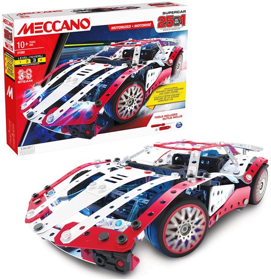 Bandai - Meccano Supercar 25 in 1 - Bouwset 25 Modellen - 347 stuks inclusief 6 volt motor, LED, gereedschap, instructies - Supercar Montage Activiteitenset - Kinderspeelgoed 10 jaar en + -APM20105