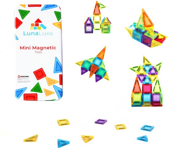 LunaLuxa - Magnetic tiles reisset - 30 stuks - inclusief voorbeelden boekje - inclusief e-book met 82 extra uitdagingen - Mini tiles - speelgoed voor in de auto - travelset - compatibel met magna tiles - reisspeelgoed - autospeelgoed