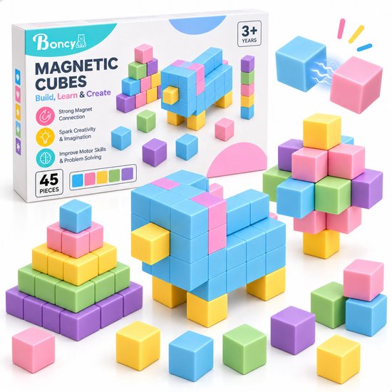 Boncy® Magnetische Blokken - Magnetic Tiles - Magnetisch Speelgoed Tegels - Magneten Constructie Bouwstenen - Magna Magneet Bouwblokken - Educatief Magneetblokken Kinderen - 3 4 5 6 7 8 Jaar - Educatieve STEM Montessori Bouwspeelgoed - 45 Delig