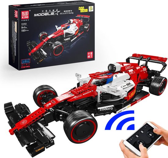 Mould King 13151 Formule 1 RC Racer bouwset incl. accessoires | F1 Racing modelbouw | Radiografisch & App bestuurbare auto | Technisch educatief constructie speelgoed voor kinderen & volwassenen | Remote niet geschikt voor lego | 1185 bouwstenen