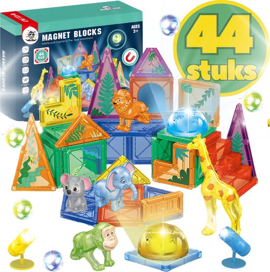 BoefieBoef Magnetisch Speelgoed - 44-delig Jungle Dieren Magnetic Tiles - Educatief Constructiespeelgoed met Licht - Kinder Bouwblokken voor Peuters & Kleuters 3+ jaar - Compatibel met Magna-Tiles & Magformers - jongens & meisjes VerjaardagsCadeau