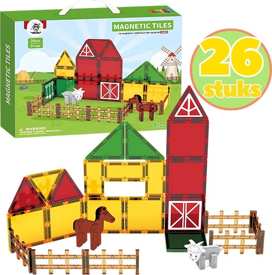 BoefieBoef Magnetisch Speelgoed - 26-delig Boerderij Dieren Magnetic Tiles - Educatief Constructiespeelgoed met Licht - Kinder Bouwblokken voor Peuter & Kleuter vanaf 3 Jaar - Compatibel met Magna-Tile & Magformer - jongen & meisje VerjaardagsCadeau