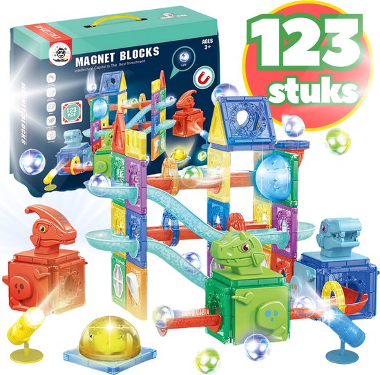 BoefieBoef Magnetische Dinosaurus Knikkerbaan - 123-delige Magnetic Tiles met Licht - Montessori & STEM Educatief Constructiespeelgoed - Bouwblokken voor Peuters & Kleuters 3+ Jaar - Compatibel met Magna-Tiles & Magformers - Verjaardagscadeau